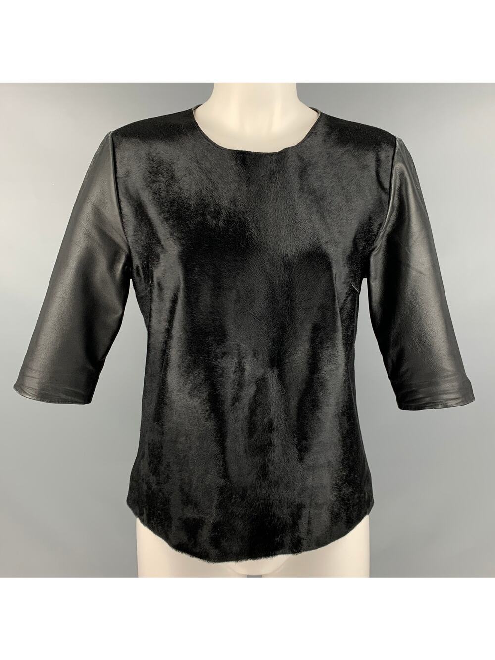 IRIS and INK Size 6 Black Leather Calf Hair 3/4 Sleeves Casual Top